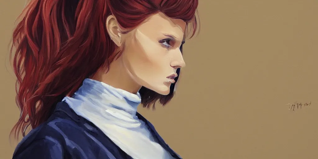 Prompt: gorgeous painting of a beautiful tall shirt haired woman wearing a turtleneck, artstation