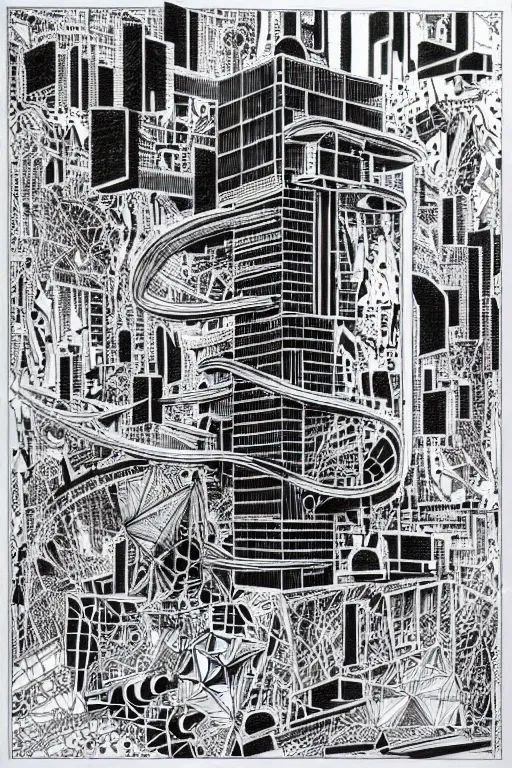 Prompt: a black and white drawing of a science fiction building, cityscape, a detailed mixed media collage by hiroki tsukuda and eduardo paolozzi and moebius, intricate linework, sketchbook psychedelic doodle comic drawing, geometric, street art, polycount, deconstructivism, matte drawing, academic art, constructivism
