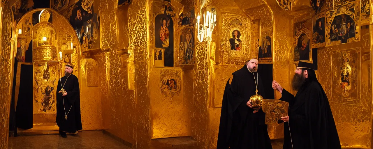 Image similar to orthodox priest in golden clothes with cute caracal head, wearing vr, in orthodox church, orthodox icons, volumetric lighting, night, atmospheric, ambients, dramatic, noir, blur, bokeh, cinematic, shallow depth of field, 8 0 mm, f 1. 8