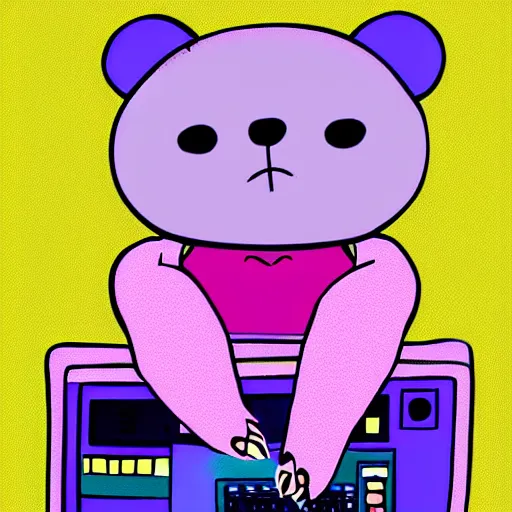 Image similar to A bear sitting in front of a 90s compute, cute, pastel, bubbly