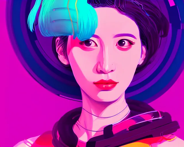 Image similar to beautiful portrait of momo from twice as a sci fi woman, with chaotic vaporwave aesthetic, concept art by james gilleard, wlop, artstation, cgsociety, synchromism, 8 0 s animation flat cell shaded. with thick black pencil lines - h 7 6 8