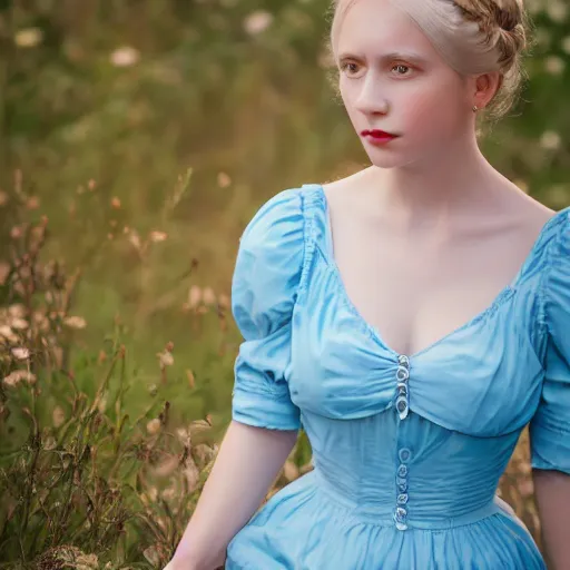 Image similar to portrait of a young lady in a light blue dress 1 9 0 0 s entire face shown in great detail, looking at the camera, full body in camera, blonde hair, garden, photorealistic, extreme detail, sharp focus, 8 k, intricate, hyper detailed, realistic, cinematic lighting