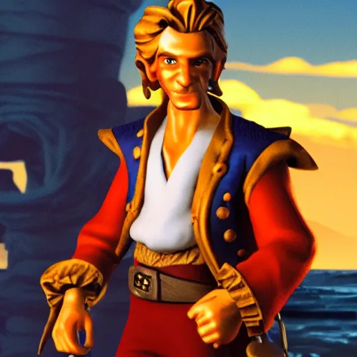 Prompt: Guybrush threepwood in a stunning pirate landscape, golden hour