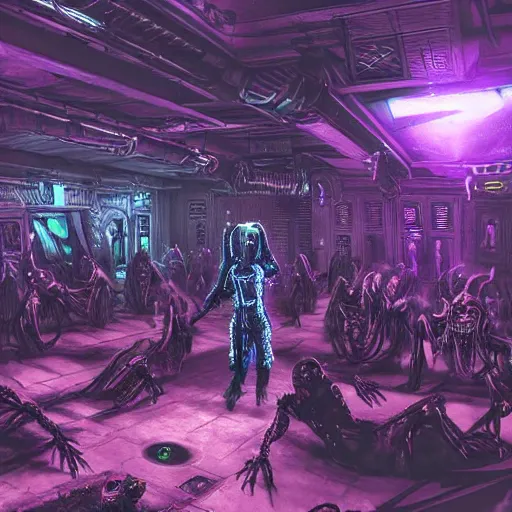 Prompt: techno dance club full of cyberpunk undead lich ilithid mindflayers, honeycomb floor, D&D, lights, lasers, music, highly detailed, realistic, technology and magic,