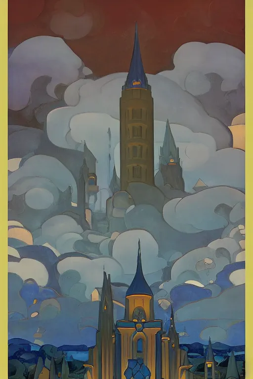 Image similar to view of the mysterious blue tower in its gardens after a storm, tall windows lit up, beautiful ornamental architecture, dramatic cinematic lighting, rich colors, by Nicholas Roerich and William Dyce and April Gornik and Sylvain Sarrailh and Ludwig Deutsch and Diego Rivera, featured on artstation