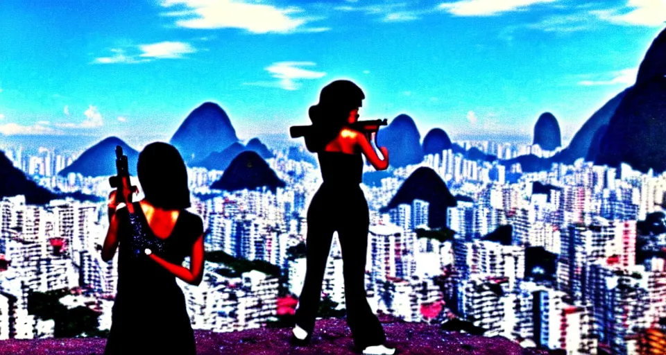 Image similar to 1 9 8 6 movie screencap of a girl with a gun on a rio de janeiro, gucci clothes, sparkles sky, beautiful favela background extremely utra high quality photo 8 k