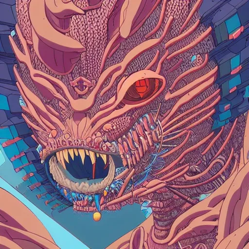 Image similar to a detailed design drawings of a colorful cyberpunk mechanical kaiju creature by tomer hanuka and by katsuhika hokusai trending on artstation