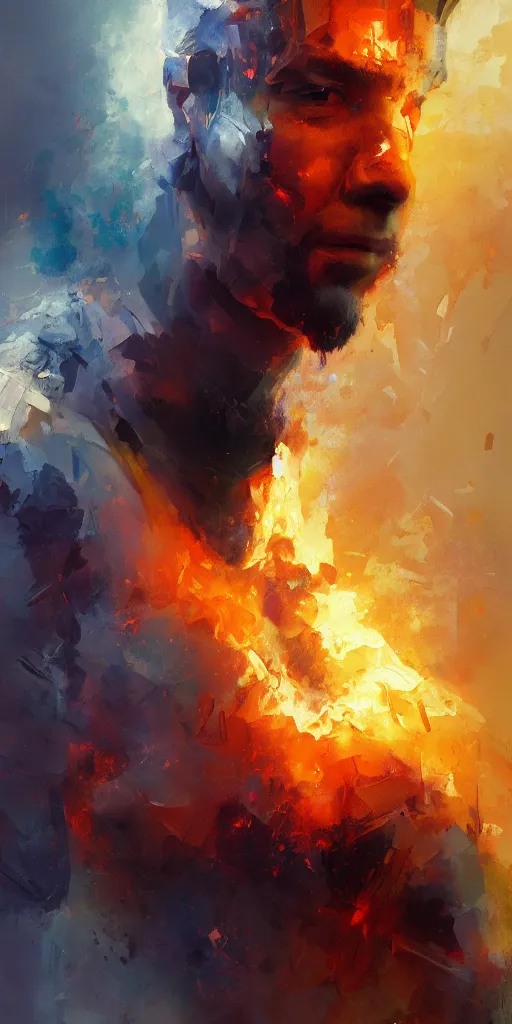 Image similar to abstract painting of man on fire, by craig mullins, featured on artstation. Portrait.