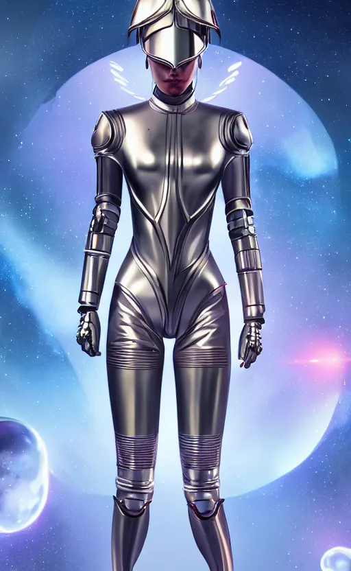 Prompt: beautiful hourglass figure feminine cyborg in full body space suit, unicorn helmet, steel boots, concept art by artgerm, photoshoot, intricate, highlydetailed, space background, artstation 4 k raytracing, shadows, highlights, illumination - n 4