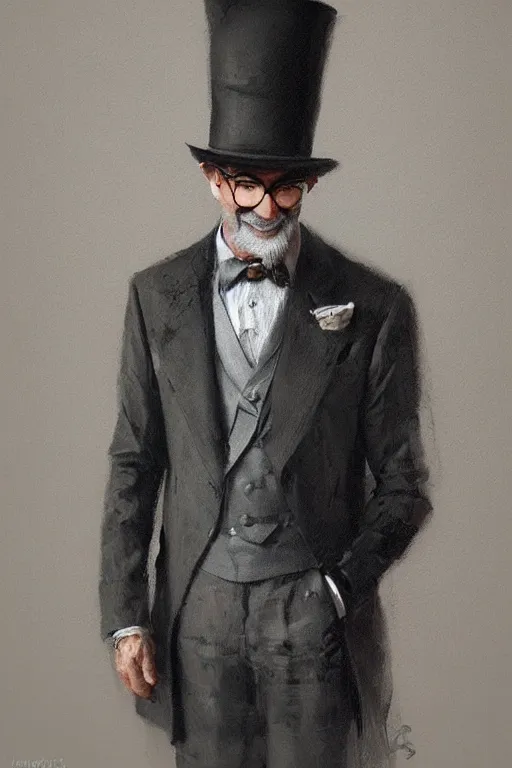 Image similar to a grey hair man with stubble top hat and suit smile by Greg Rutkowski, painting, portrait, high details, trending on artstation