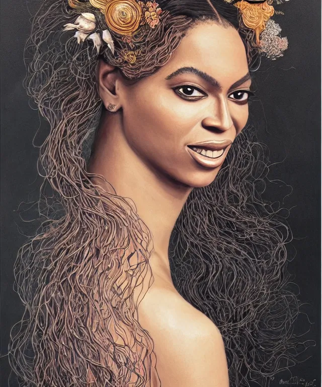 Image similar to facial portrait of Beyonce as a young pretty woman in flowing dress, arrogant, mysterious, long fine flowing hair, delicate, looking at camera, slightly awkward smile, realistic face, no hands visible, intricate, stylish, elegant, grimdark fantasy, flowers, extremely detailed painting by Martine Johanna and Ernst Haeckel and Greg Rutkowski