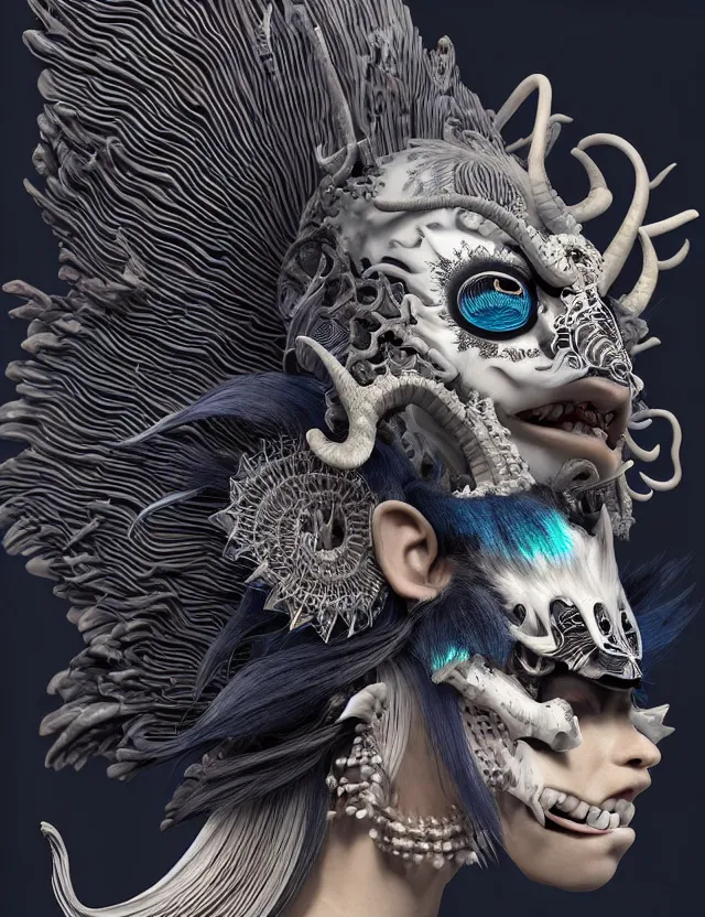 Image similar to 3 d goddess close - up profile simple portrait punk with mohawk with goat skull. beautiful intricately detailed japanese crow kitsune mask and clasical japanese kimono. betta fish, jellyfish phoenix, bio luminescent, plasma, ice, water, wind, creature, artwork by tooth wu and wlop and beeple and greg rutkowski