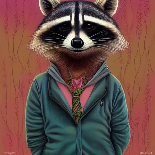 Image similar to Mischievous raccoon By Casey Weldon and Martine Johana, rich colors, intricate, elegant, highly detailed, centered, digital painting, artstation, concept art, smooth, sharp focus, illustration