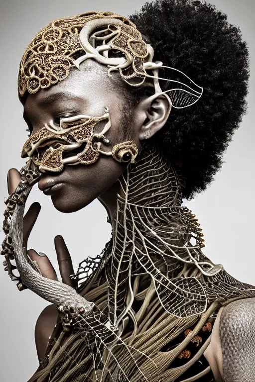 Prompt: complex, fascinating biomechanical afro female cyborg with a delicate fragile porcelain profile face, analog, 150 mm lens, beautiful natural soft rim light, big leaves and stems, roots, fine foliage lace, silver dechroic details, massai warrior, Alexander Mcqueen high fashion haute couture, pearl earring, art nouveau fashion embroidered, steampunk, intricate details, mesh wire, mandelbrot fractal, anatomical, facial muscles, cable wires, microchip, elegant, red lips, hyper realistic, ultra detailed, octane render, H.R. Giger style, volumetric lighting, 8k post-production