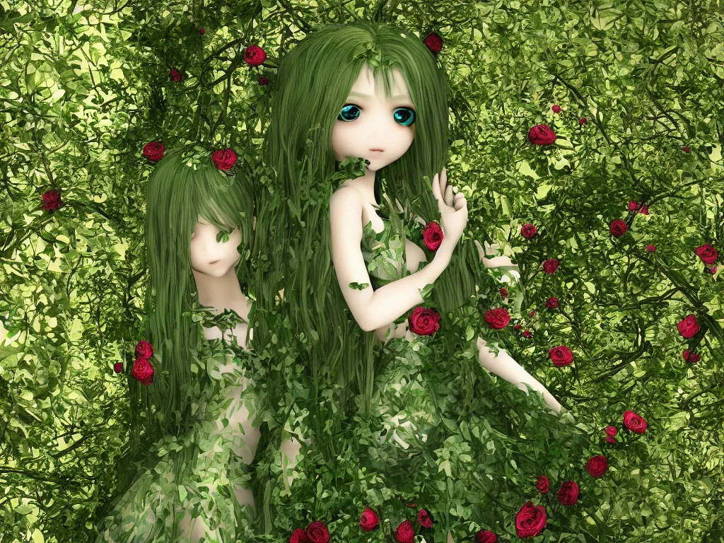 Image similar to cute fumo plush girl wrapped in vines in the middle of a lush rose garden, glowing gothic wraith plantgirl, tattered green dress, vray