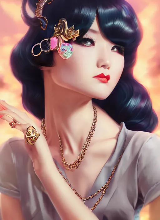 Image similar to a pin up and beautiful fashion dreamlke japan girl with lv jewelry, character art, art by artgerm, wlop, loish, hyperdetailed, 8 k realistic, symmetrical, global illumination, radiant light, frostbite 3 engine, cryengine, dof, trending on artstation, digital art, chanel, dior, detailed background