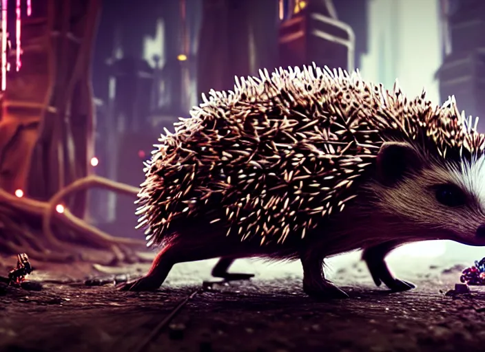 Image similar to intricate hedgehog with nails instead of needles, on the background of a weird magical mechanical forest. Very detailed 8k. Fantasy cyberpunk horror. Sharp. Cinematic post-processing. Unreal engine. Nanite. Ray tracing. Parallax. Tessellation