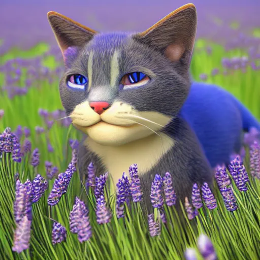 Prompt: cute blue cat in grassy field with lavender growing, disney pixar movie, 3 d render, octane render, cinematic lighting, intricate, decadent, highly detailed, digital painting, octane render, artstation, concept art, smooth, sharp focus, illustration,