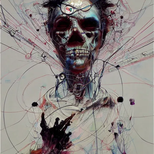 Prompt: a lost male cyberpunk hacker, skulls, wires cybernetic implants, machine noir dieselpunk grimcore, in the style of adrian ghenie esao andrews jenny saville surrealism dark art by james jean takato yamamoto and by ashley wood