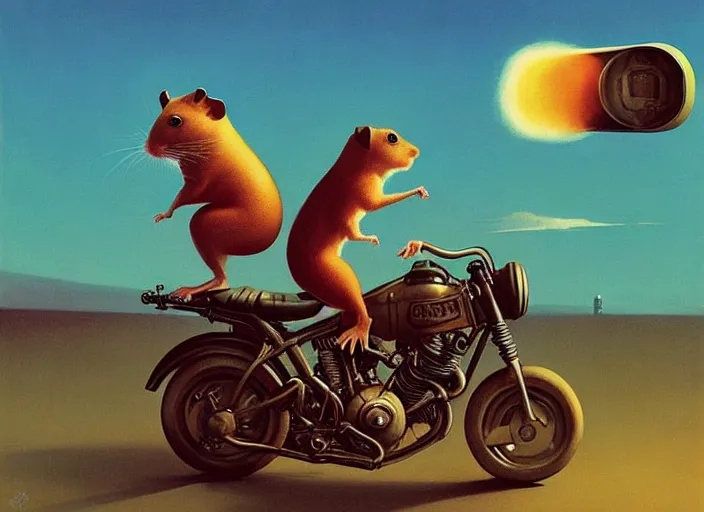 Prompt: a cute hamster riding a motorcycle, Edward Hopper and James Gilleard, Zdzislaw Beksinski, Mark Ryden, Wolfgang Lettl highly detailed