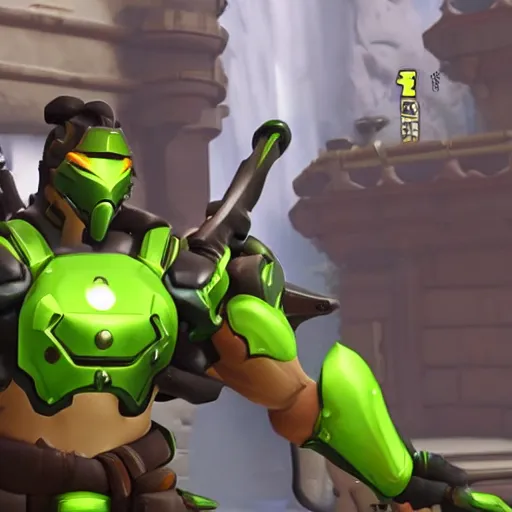 Image similar to a screenshot of arnold schwarzenegger as genji in overwatch