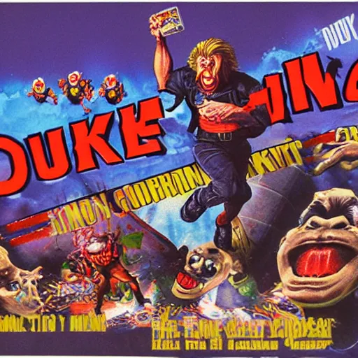 Image similar to Duke Nukem running from a swarm of angry clowns, videogame promotional art, 1990s