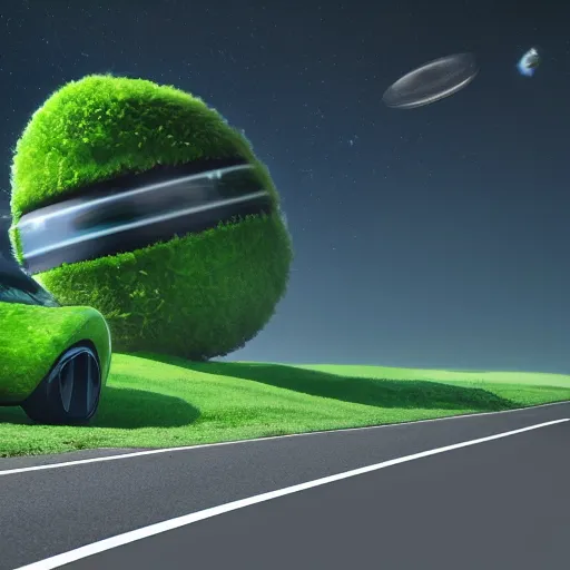 Image similar to a spherical car driving down the road with t - rex dancing behind it, smoky, green hills, many interstellar plants, futuristic concept design, atmospheric landscape, digital art, unreal engine, 8 k, cinematic level.