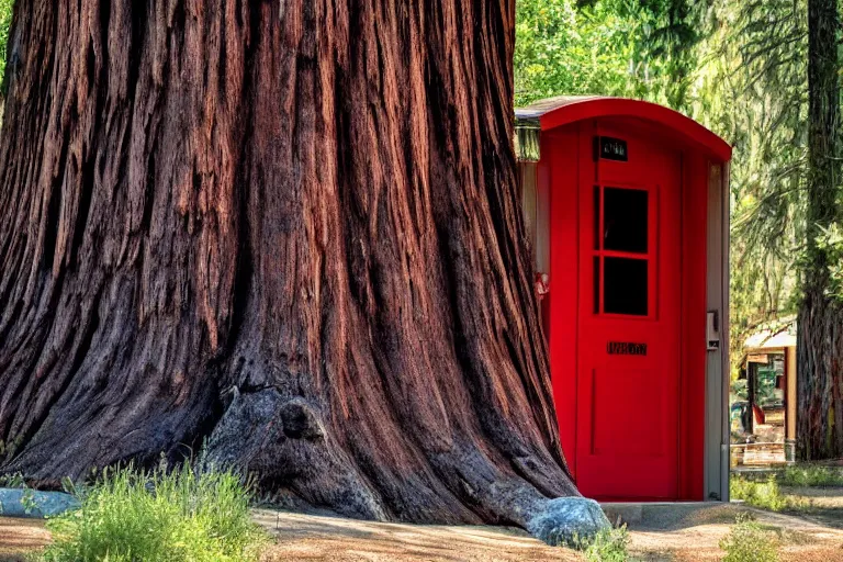 Image similar to grizzly wearing a red shirt sitting outside big sequoia tree with a red door by Roger Deakins