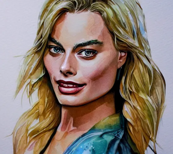 Prompt: A portrait of margot robbie, watercolor art, highly detailed, trending on artstation