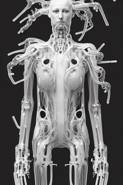 Image similar to iris van herpen, perfect symmetrical body, full body shot, inflateble shapes, wires, tubes, veins, jellyfish, white biomechanical details, wearing epic bionic cyborg implants, masterpiece, intricate, biopunk, vogue, highly detailed, artstation, concept art, cyberpunk, octane render