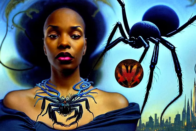 Prompt: realistic detailed photorealistic film portrait shot of a beautiful black woman with a giant spider, sci fi city landscape background by denis villeneuve, amano, yves tanguy, alphonse mucha, ernst haeckel, david lynch, edward robert hughes, roger dean, necklace, dynamic pose, rich moody colours, wide angle, blue eyes