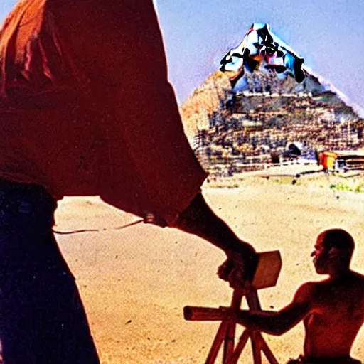 Image similar to a man cutting wood in front of egypt pyramids, painted by drew struzan