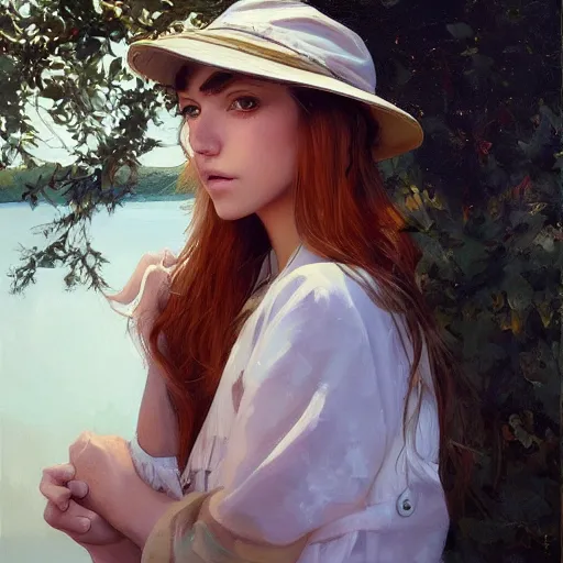 Image similar to oil painting by ilya kuvshinov,, baugh casey, artgerm craig mullins, coby whitmore, of a youthful white girl, long hair, fishing and wearing fisherman's outfit, fisherman's hat, highly detailed, breathtaking face, studio photography, noon, intense bounced light, water reflection, large tree casting shadow, serine intense sunlight