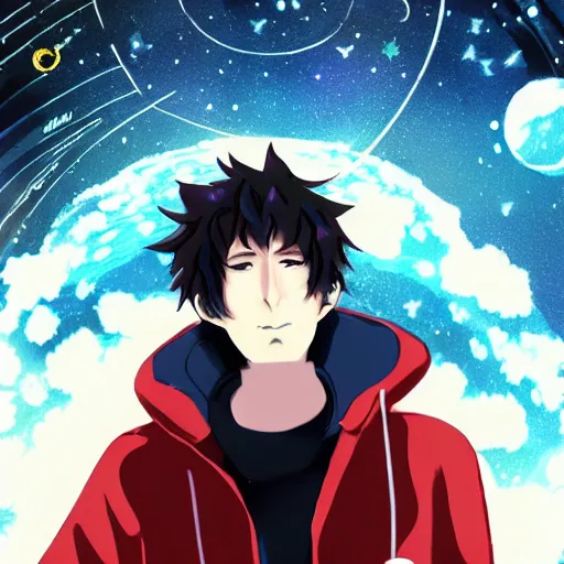 Image similar to Okabe Rintarou floating in outer space with stars and planets in the background, digital art, anime, stylish, sci-fi