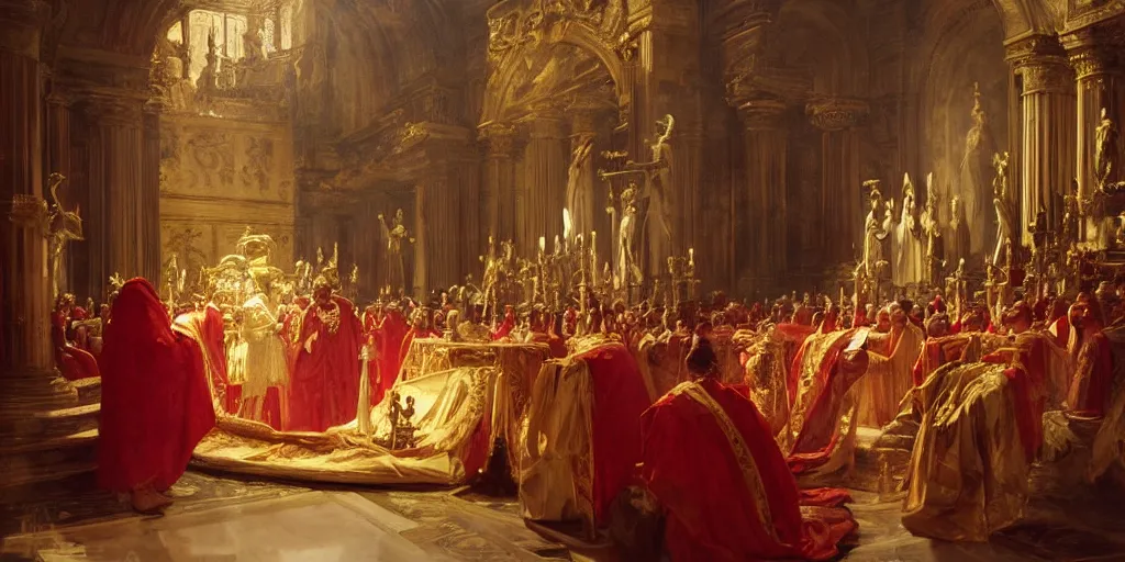 Image similar to beautiful oil painting, steve buscemi in royal crimson robes enthroned as the god emperor of ancient rome surrounded by servants in gilded halls a golden wreath upon his head, by anders zorn, wonderful masterpiece by greg rutkowski, beautiful cinematic light, american romanticism, by thomas lawrence, greg rutkowski