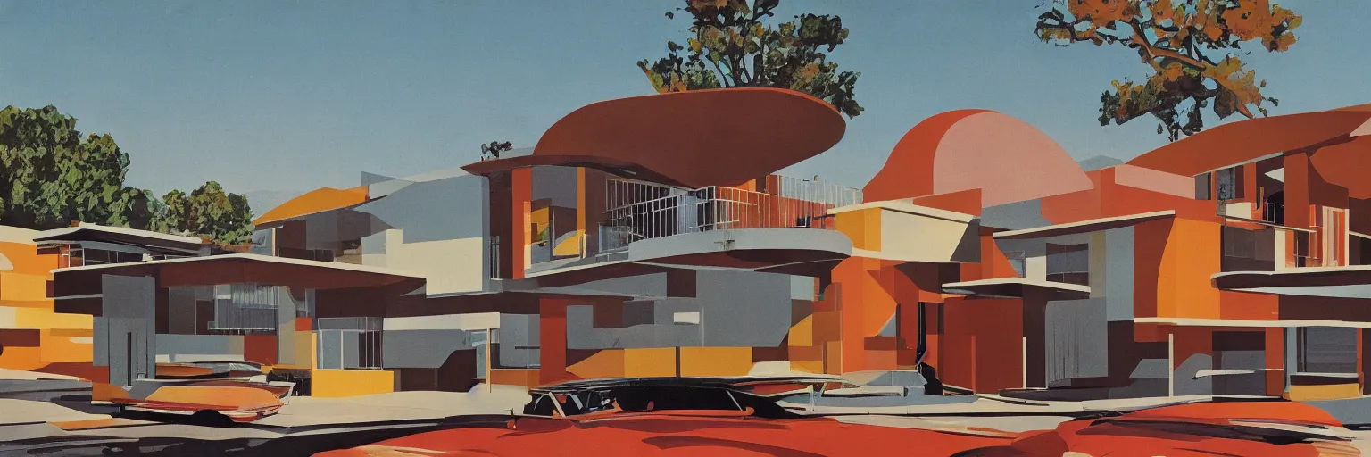 Image similar to midcentury architecture. modernism. warm colors. wide shot. imagined by ken adam.