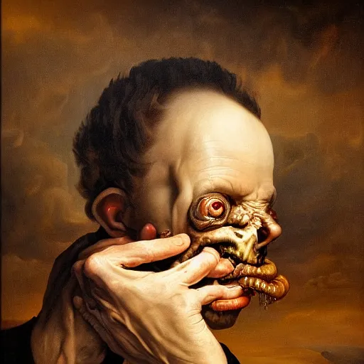 Image similar to refined gorgeous blended oil painting with black background by christian rex van minnen rachel ruysch dali todd schorr of a chiaroscuro portrait of an extremely bizarre disturbing mutated man with shiny skin acne intense chiaroscuro cast shadows obscuring features dramatic lighting perfect composition masterpiece