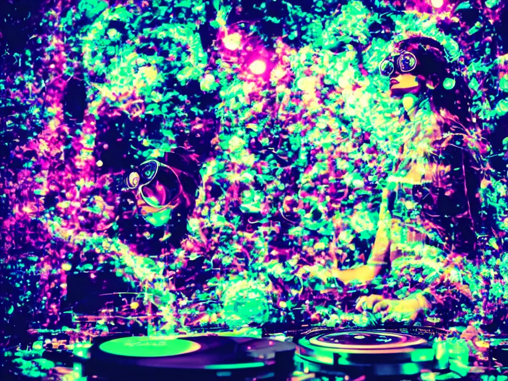 Image similar to an indian woman wearing goggles and visor and headphones using a retro record player contraption, microphone, speakers, turntablism dj scratching, screens, smoky atmosphere, intricate planetary gears, cinematic, imax, sharp focus, leds, bokeh, iridescent, black light, fog machine, hazy, lasers, hologram, hyper color digital art