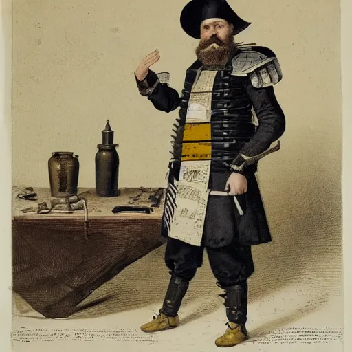 Image similar to Portrait of frustrated and acerbic male Imperial sergeant with a short beard wearing a {black and yellow tabard} over a steel breastplate and a black gambeson with his hands planted on a table with a war theater map, by Greg Rutkowski, {perfect face}, {perfect eyes}, {perfect body}, {hands planted on war table while standing}, fantasy