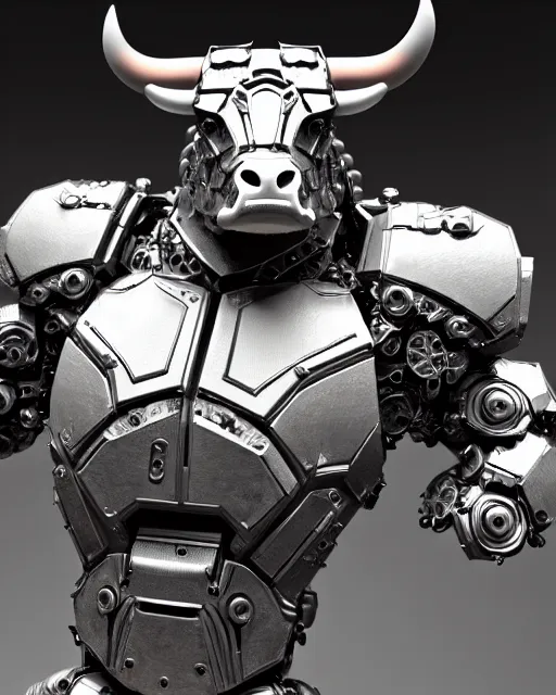 Prompt: a full body shot of a imposing cyborg ( bull ) modeled after a bull with open eyes looking into the camera, intricate pattern, hard rubber chest, highly detailed, android, cyborg, full body shot, intricate, 3 d, hyper realism, symmetrical, octane render, strong bokeh, fantasy, highly detailed, depth of field, digital art