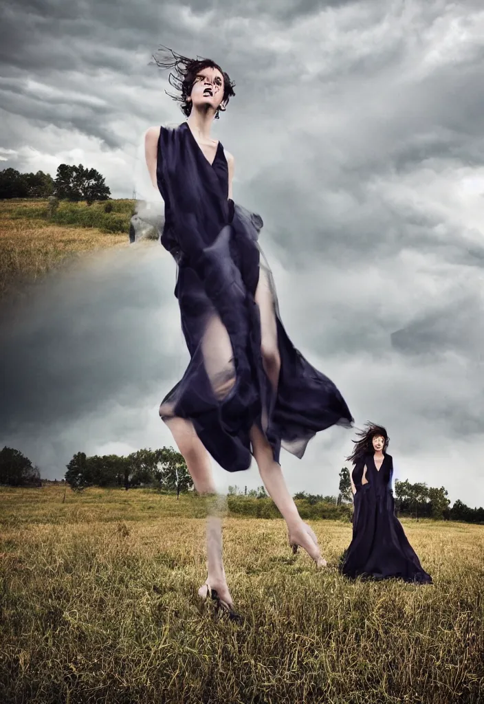 Prompt: fashion editorial in front of tornado storm on a field.