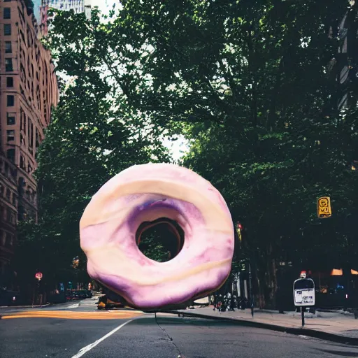 Image similar to a very beautiful polaroid picture of a giant donut in the streets of new york