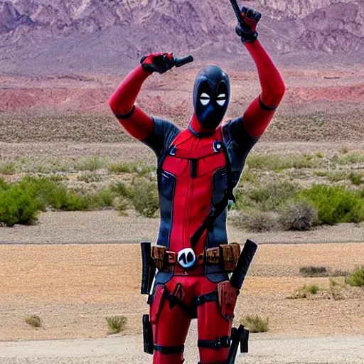 Image similar to deadpool sticking his head out of empty drained lake mead