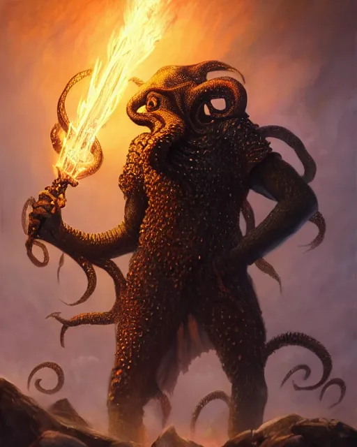 Prompt: oil painting of Cthulhu, wearing intricate fur armor, sharp focus, holding magical fiery Sword, magical aura, heroic pose, fantasy style, octane render, volumetric lighting, 8k high definition, by greg rutkowski, highly detailed, trending on art Station, magic the gathering artwork, magical Battlefield backround, centered