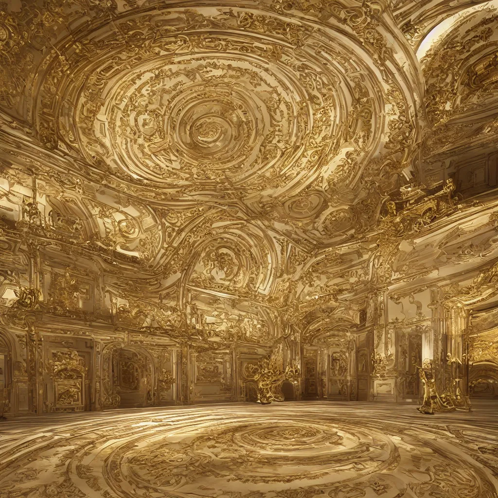 Prompt: an incredibly smooth curvilinear neo baroque interior architectural modern design, a golden pool on the ground, visually highly satisfying architecture render