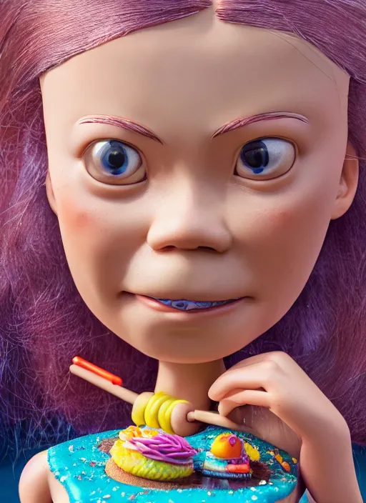 Prompt: closeup face profile portrait of tin toy greta thunberg as a bikini model eating cakes, depth of field, zeiss lens, detailed, symmetrical, centered, fashion photoshoot, by nicoletta ceccoli, mark ryden, lostfish, breathtaking, 8 k resolution, extremely detailed, beautiful, establishing shot, artistic, hyperrealistic, octane render