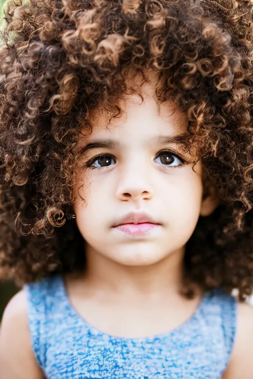 Image similar to a cute curly haired child with very expressive eyebrows, detailed, photograph, portrait, f1.4, 50mm