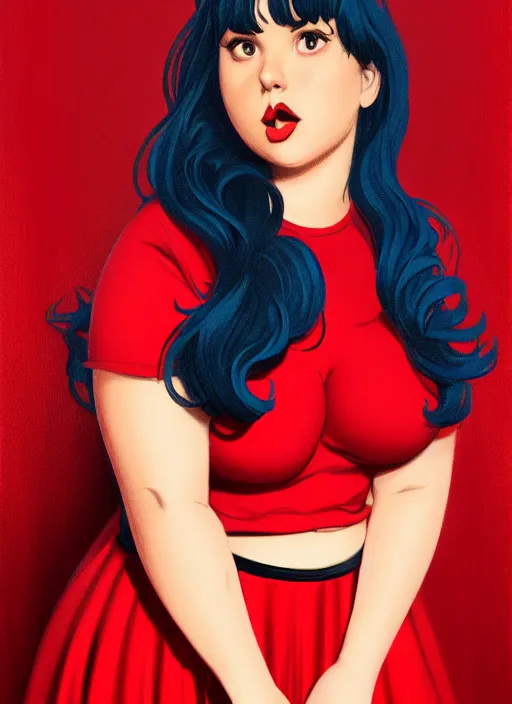 Image similar to full body portrait of teenage veronica lodge, obese, bangs, sultry, realistic, sultry smirk, wavy hair, red skirt, fat, belly, intricate, elegant, glowing lights, highly detailed, digital painting, artstation, concept art, smooth, sharp focus, illustration, art by wlop, mars ravelo and greg rutkowski