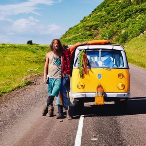 Image similar to a hippie poster of 2 people hitchhiking at the edge of the road with a caravan,