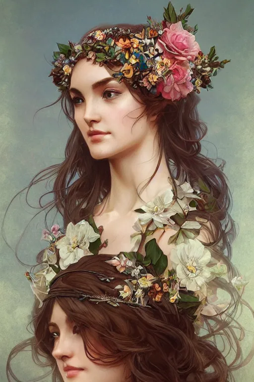 Image similar to beautiful maiden wearing a floral headband, intricate, elegant, highly detailed, digital painting, artstation, concept art, smooth, sharp focus, illustration, art by artgerm and greg rutkowski and alphonse mucha